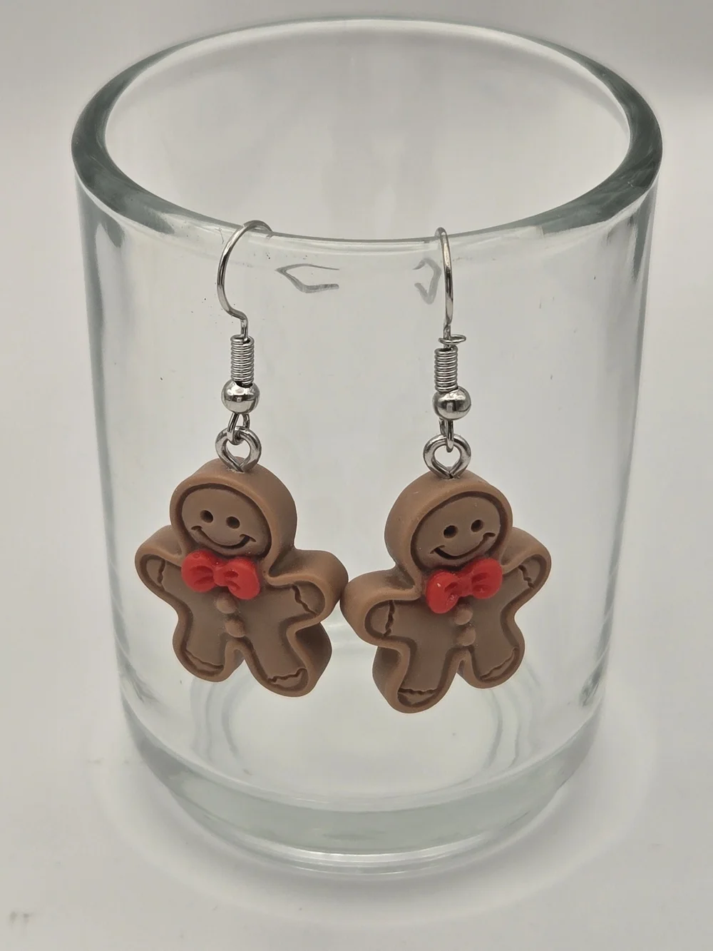 Gingerbread Dangle Earrings with Red Bow - Cute Brown Holiday Jewelry
